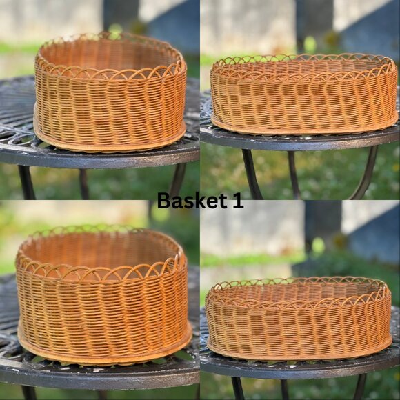 Vintage Wicker Basket Set of 3 Oval Shaped Boho Storage Bins with Wood Bases - Picture 6 of 11